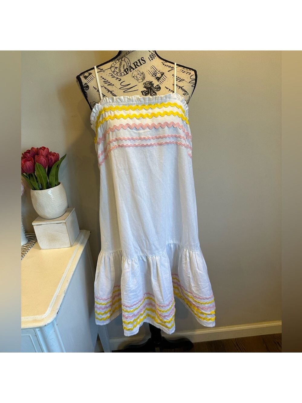 Lisa Marie Fernandez White Dress with Pink and Yellow Stripes Size S NWT - Picture 2 of 6